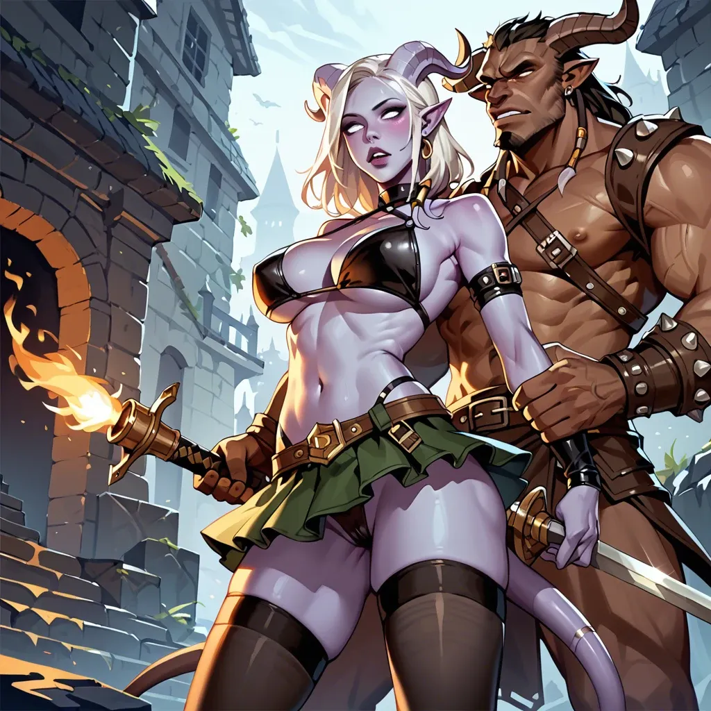 draenei girl with purple skin, fantasy rogue outfit, partially nude, bikiny, stockings, skirt, perfect skinny body, big breasts,  draenei holds sword in one hand and torch in another hand, in the dark dungeon, encountering huge minotaur standing  opposite at a distance