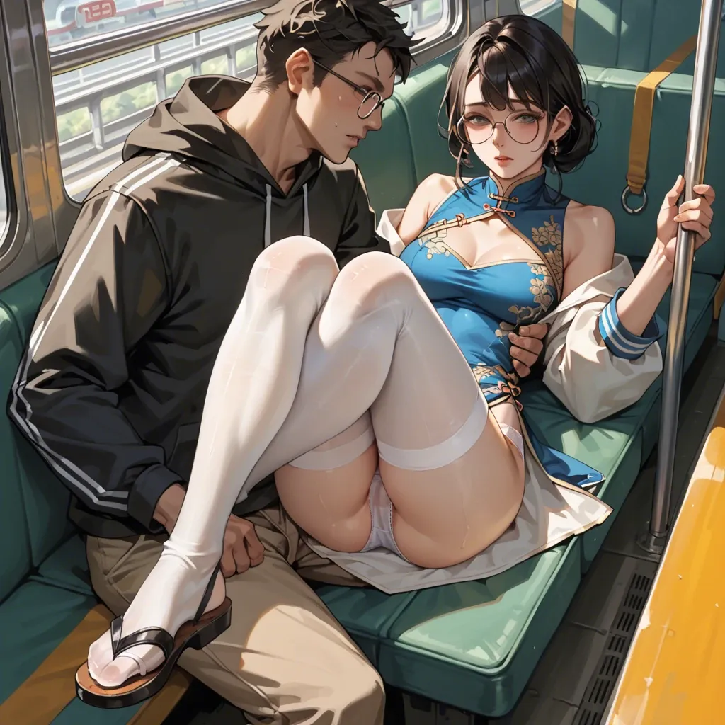 1girl,1boy, , , , china dress,knee-high socks,medium boobs,laying on back,off shoulders, sweatshirt lift,white pantyhose,circle glasses,cotton panties,strappy sandals, bare chest, crowded train, medieval prison, close camera, detailed hands, dark eyes