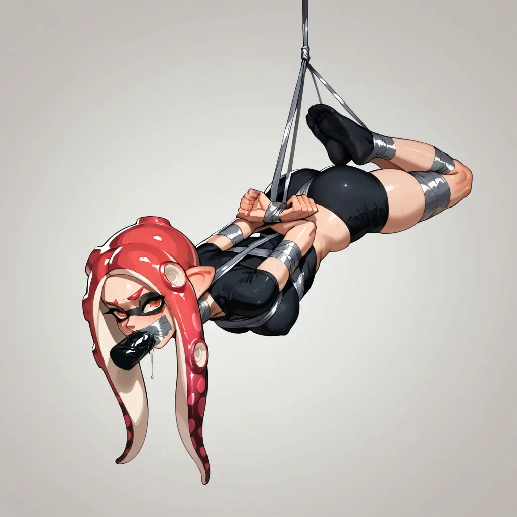 Splatoon, blowjob, full body view, bondage, suspended, arms tied behind back, duct tape, tape bondage, tape, duct tape bondage