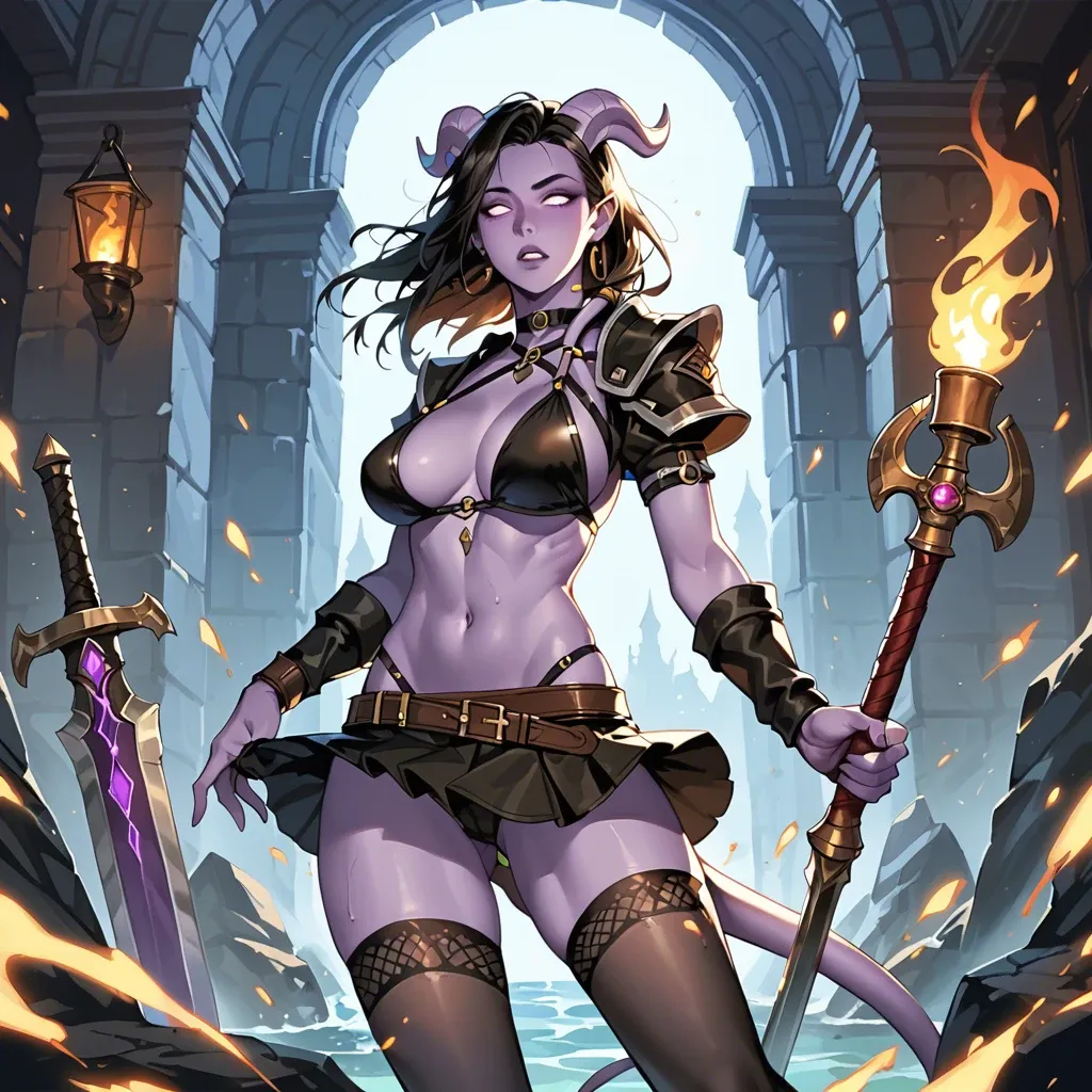 draenei girl with purple skin, fantasy rogue outfit, partially nude, bikiny, stockings, skirt, perfect skinny body, big breasts,  draenei holds sword in one hand and torch in another hand, in the dark dungeon