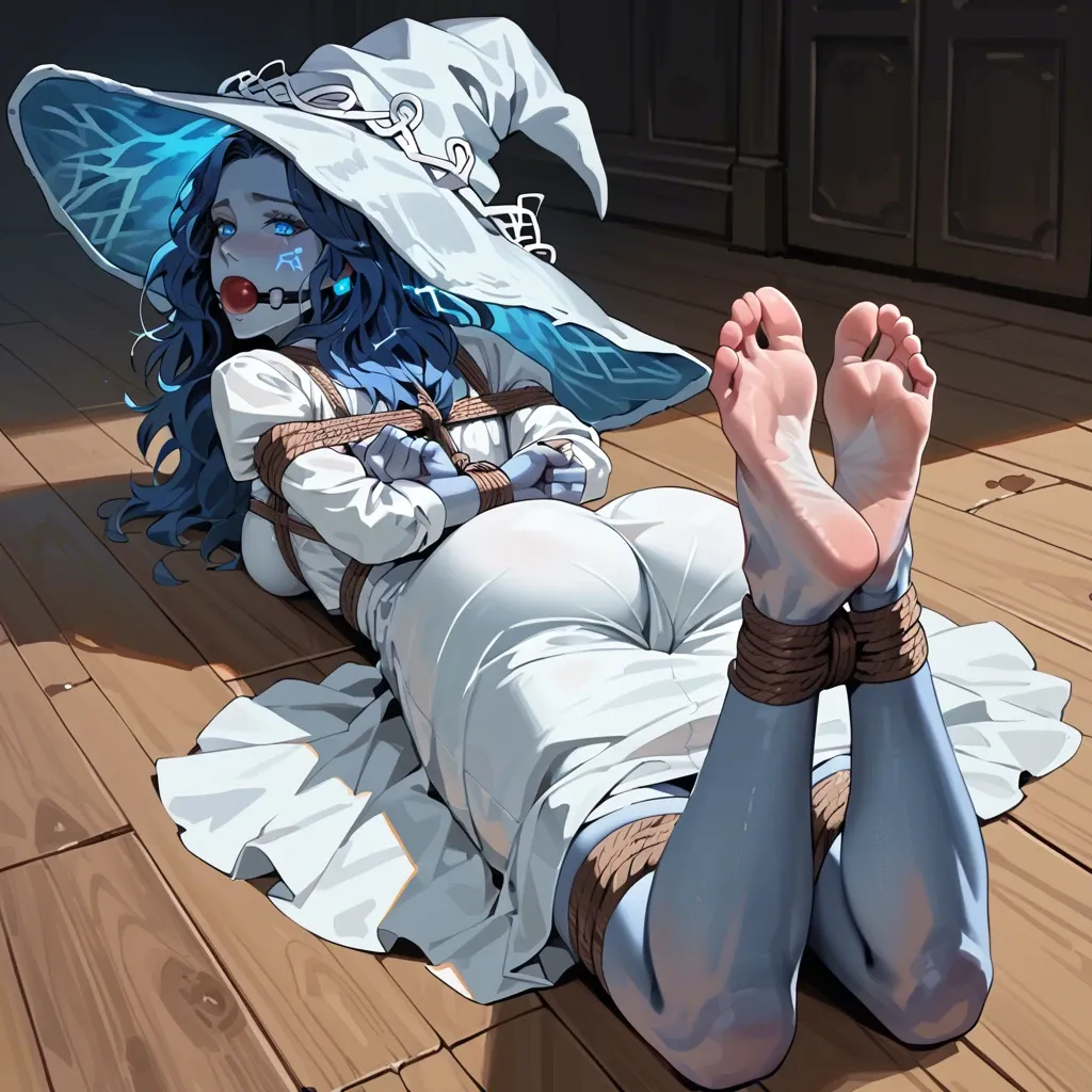 Ranni the witch, white dress, hat, blue skin, blue hair, blue feet, rope hogtied, ball gagged, lying on stomach, hands behind the back, wrists tied to ankles, barefoot, soles focus