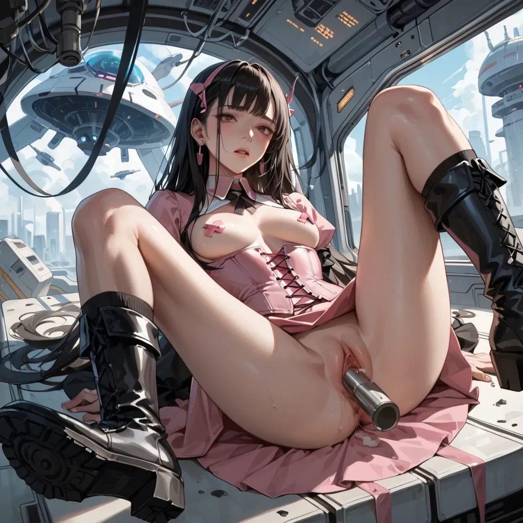 1girl,solo, , , , eyes half open,legs up vaginal,nipple sticker,slim waist,skinny male, long dress,knee-high socks,collared,pink corset,black boots, barely, depth of field, spaceship, anime, lowlight, 2b, anna hair, ariel waifu