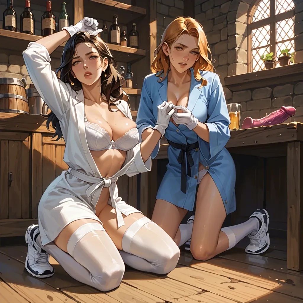 2girl, , , , cheekbones,clean armpit,perky breast,breast focus,on knees, bathrobe,white stockings,gloves,white bra,white sneakers, office outfit, sparkle, medieval tavern, grabbing dildo, anime, golden hour, spider-gwen