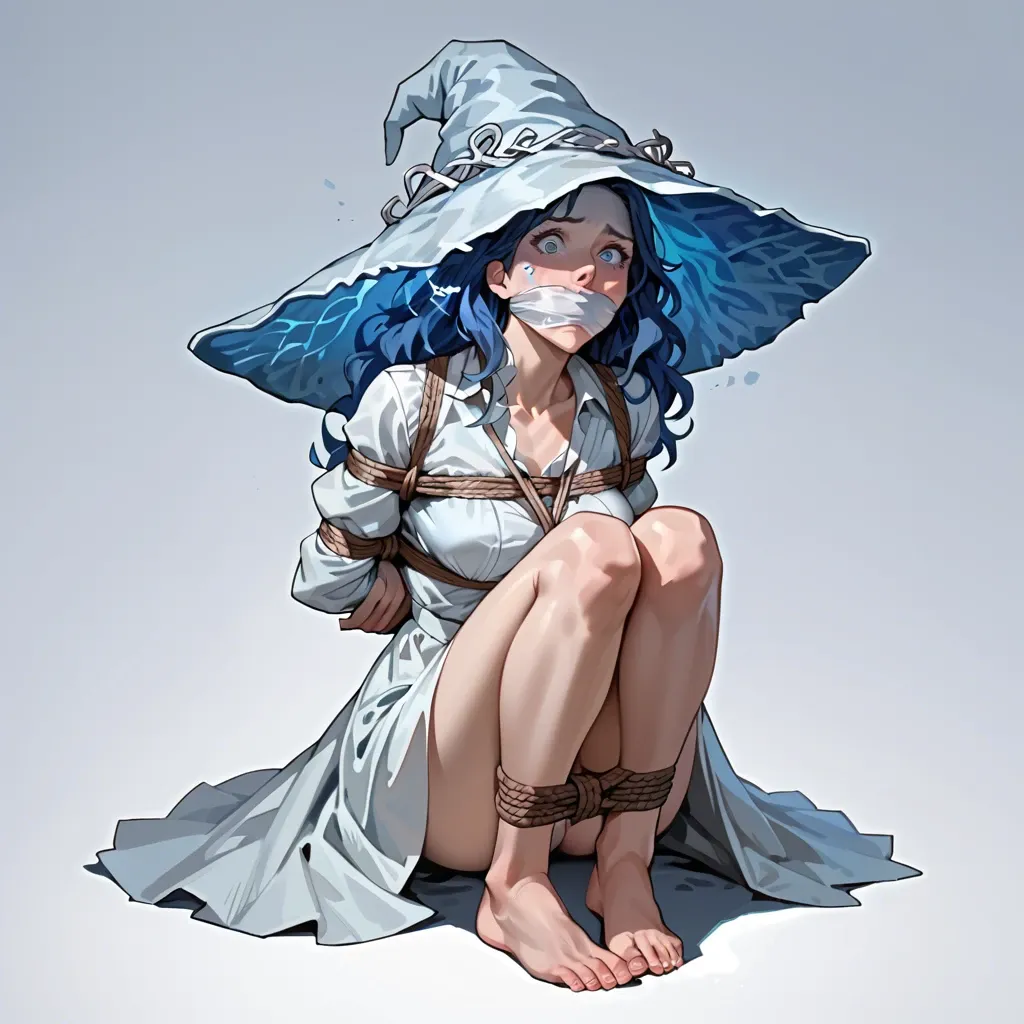 Ranni the Witch, blue skin, blue hair, shocked expression, long white dress, rope bondage, cloth gagged, hands behind the back, thighs bound, legs bound, ankles bound, barefoot, feet focus