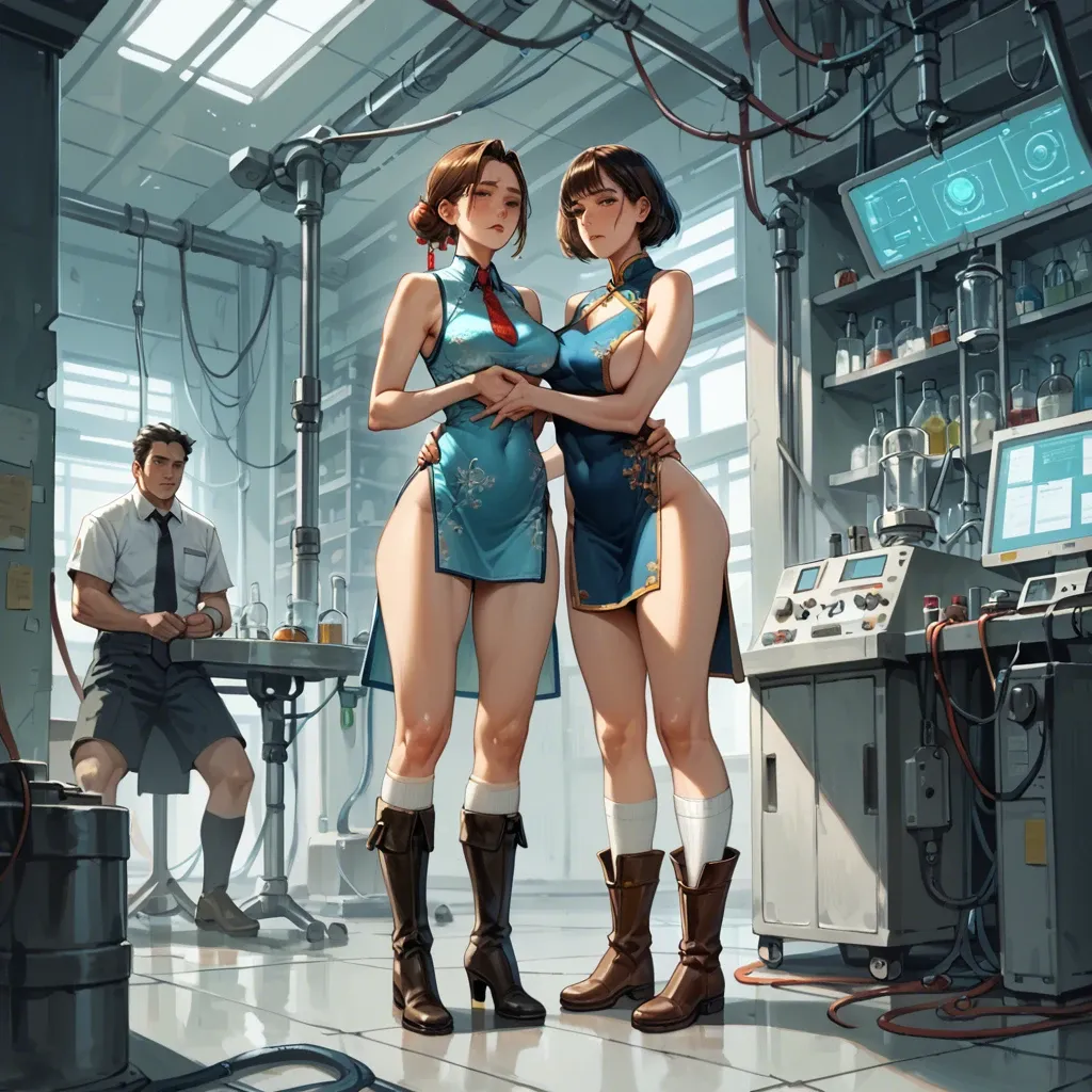 2girl, , , , freckled breast,women bare feet,saggy boobs,laboratory,knee boots, adorable eyes,hands on waist,medium tits,squeeze breast,hold neck, china dress,knee-high socks,tie,undersized bra,high heels, classroom, male restrained, laying on bed, bdsm rope, source anime, dark background, lara croft, rapunzel