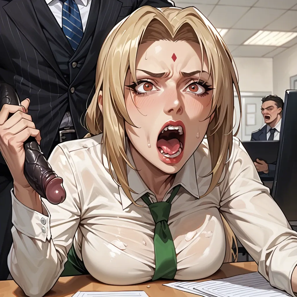 Tsunade, office, screaming face, black dick,so big, big eyes,  he don't understand how to blow it, understandable face