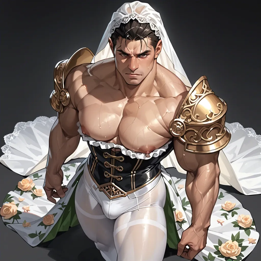 1girl,solo, , , , eye color green,hand,wide areolae,pecs,free shoulders, large nose,large biceps,large breasts,from above,shoulder pads, floral dress,white pantyhose,veil,black corset,high heels, couch, lake, tavern, unforgettable, detailed balls, dark skin men, zelda, wonder woman, miku hatsune