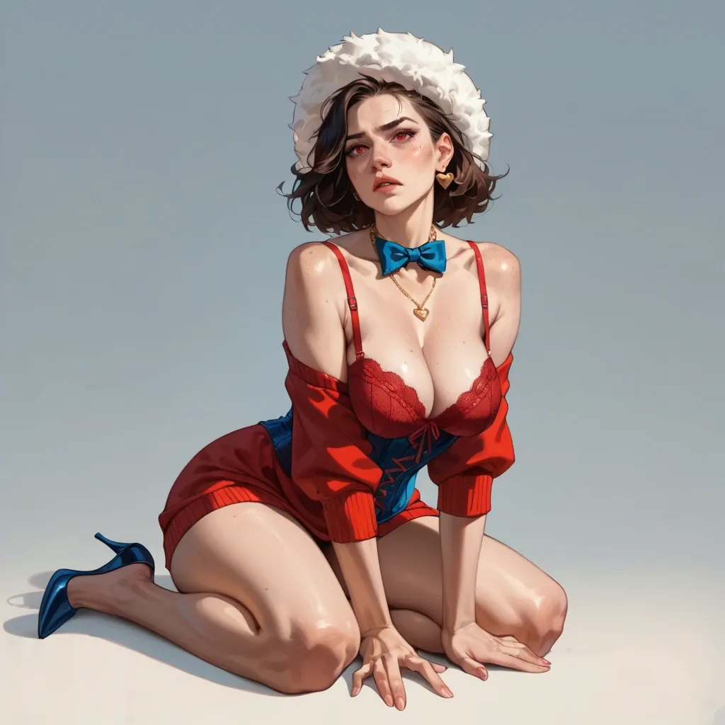 1girl,solo, , , , light freckles,red eyes soles,round breasts,love handles,on the knees, red sweater,golden necklace,blue bowtie,corset,stiletto heels, nightgown,heart necklace,fur hat,pulled bra,heels, living room, ocean, spaceship, shelf, mario and luigi, spider-gwen, heart dynamics