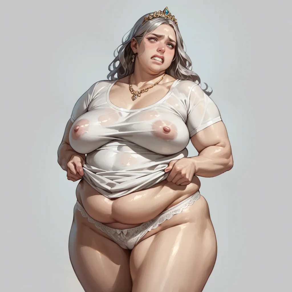 1girl,solo, , , , silver eyes,gushing,round breasts,breasts out,gold necklace, clenched teeth,fat obese arms,saggy boobs,bar background,skin tight, white t-shirt,lace panties,tiara,frilled panties,armored boots, black crop top,red thighhighs,aqua necktie,lingerie,stiletto heels, office, trained thighs, cyberpunk, detailed scales, night, tifa lockhart, spider-gwen