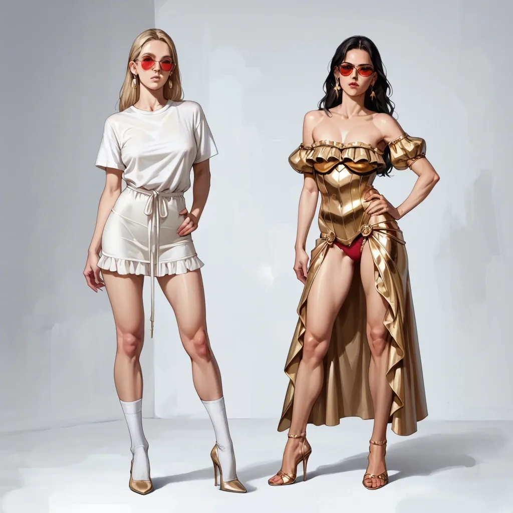 2girl, , , , thin nose,gold armor,saggy boobs,grabbing hips,shoulders, topless dress,barefoot,big earrings,frilled bikini,stiletto heels, plain t-shirt,socks,red sunglasses,panties aside,no shoes, wedding dress,lace trim,green collar,pulled bra,black sneakers, bedroom eyes, beach, spaceship, android 18, linked collars, anna and elsa