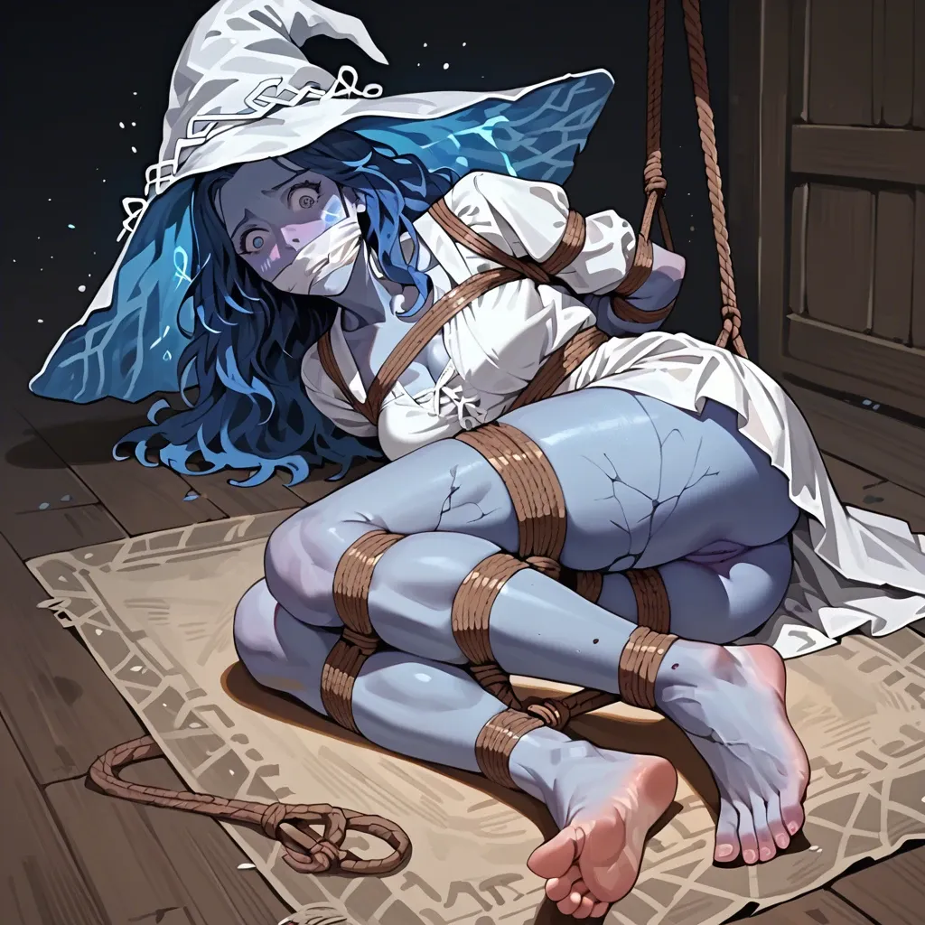 Ranni the Witch, blue skin, blue hair, shocked expression, white dress, rope bondage, cloth gagged, hands behind the back, thighs bound, legs bound, ankles bound, barefoot, feet focus