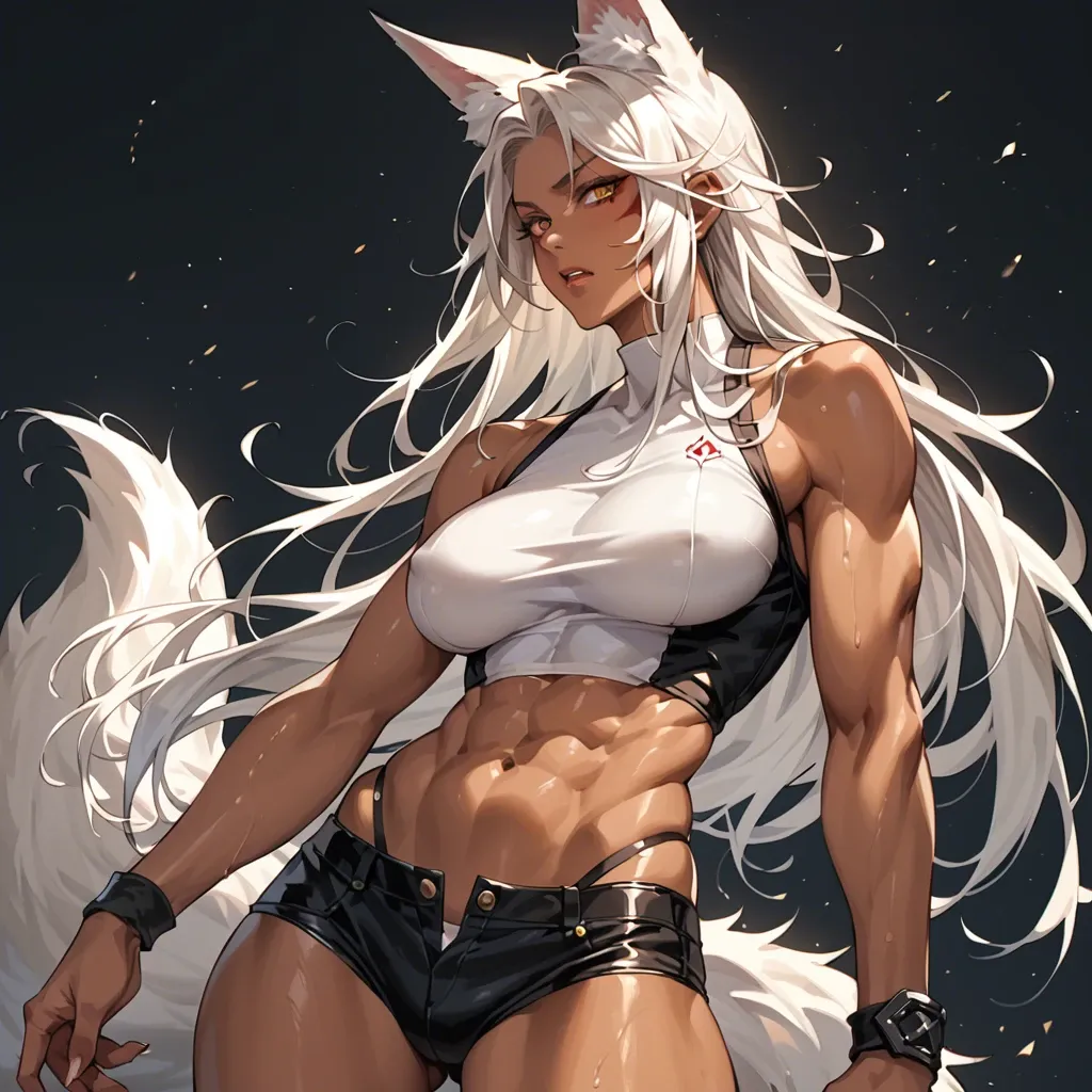 Higu quality, girl, tall, bigger than average breasts, slightly visible abs, midriff, tanned, black long hair, fox ears, fox tail, foxgirl