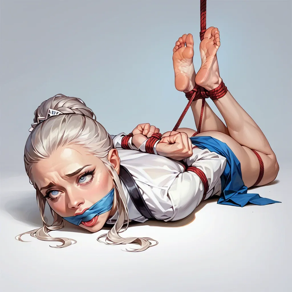 Emilia Clarke, full clothes, ahegao, rope bondage, cloth gagged, hogtied, lying on stomach, hands behind the back, hands tied, legs tied, ankles tied, wrists tied to ankles, barefoot, soles focus