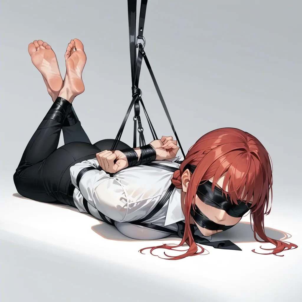 Makima, blindfolded, bare soles, mouth taped, white shirt, black trousers, black necktie, full body tape bondage, tight bondage, lying on stomach, face focus, face view, hands behind the back, wrists taped to ankles