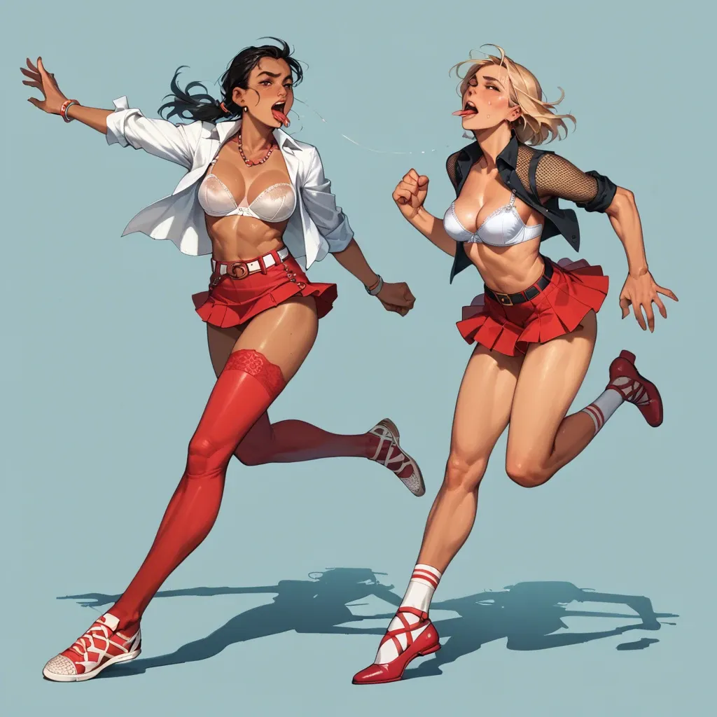 2girl, , , , tongue out,tippy toes,nipple rings,low waisted,tan skin, open shirt,lace,beaded jewelry,mesh bodysuit,ballet shoes, micro skirt,red thighhighs,belt,white bra,running shoes, glass shower, jungle, cyberpunk, robot joints, detailed balls, studio lighting, tifa lockhart, anna frozen