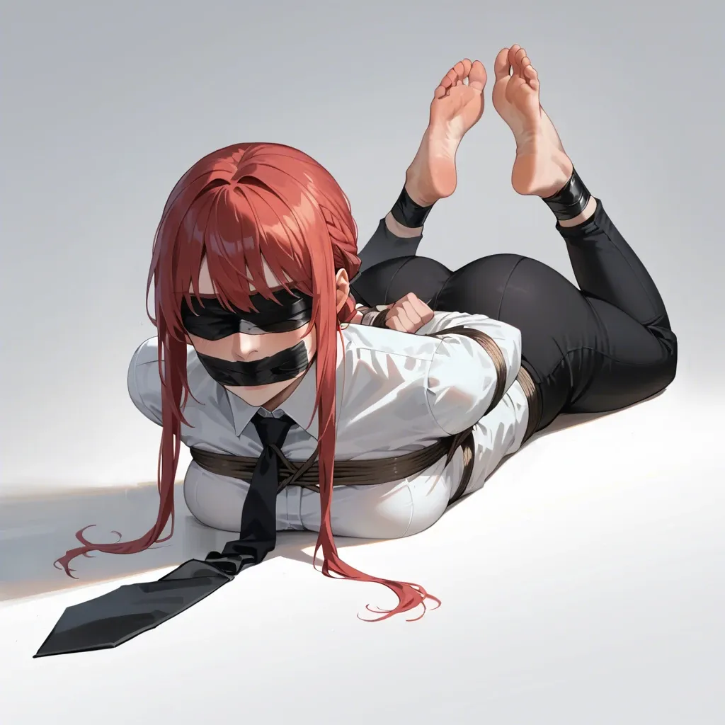 Makima, blindfolded, bare soles, mouth taped, white shirt, black trousers, black necktie, full body tape bondage, tight bondage, lying on stomach, face focus, face view, hands behind the back, wrists taped to ankles