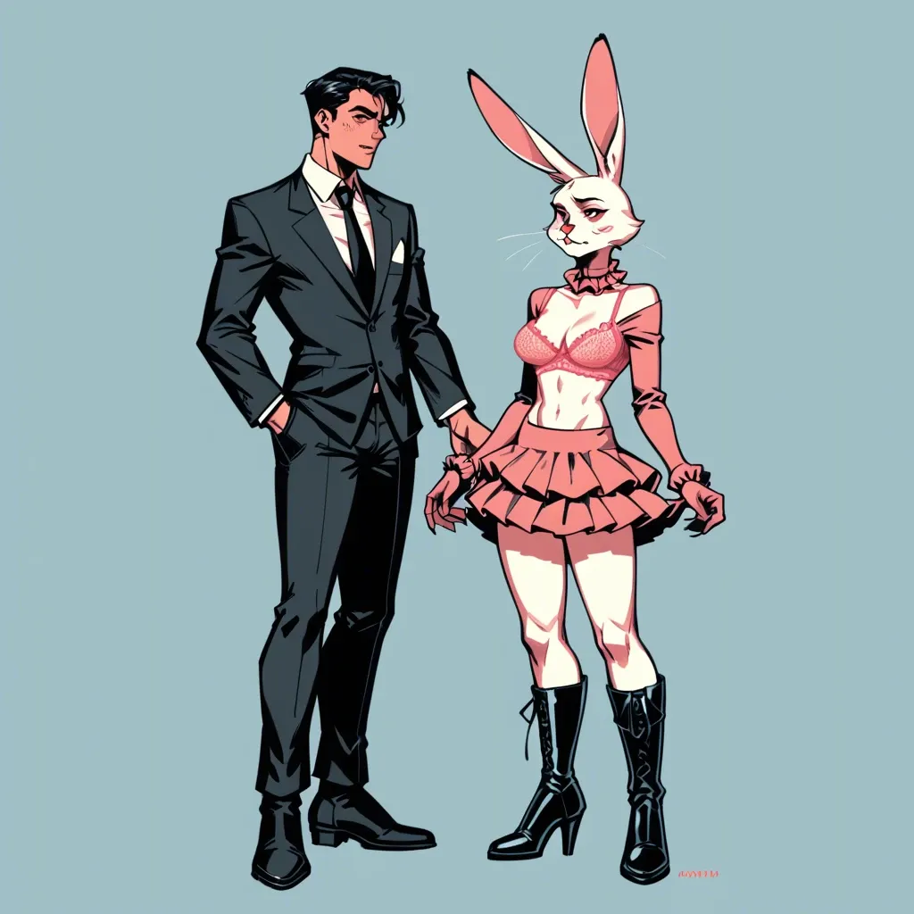 1girl,1boy, , , , strong jawline,elegant,big perky boobs,rabbit,limited palette, sweater,lace bra,frilled gloves,lingerie,boots, tight skirt,fishnets,linked collars,pink panties,black sneakers, club, dark alley, throne room, camera, detailed image, well-lit, elsa