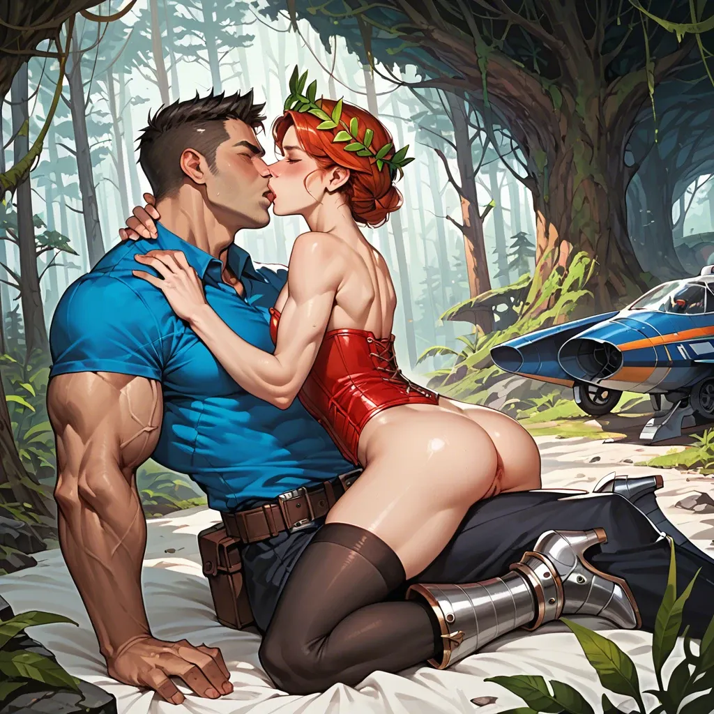 1girl,1boy, , , , nose,large biceps,perky big tits,flat chest,kissing neck, blue shirt,black stockings,laurel crown,red corset,armored boots, living room, pine forest, spaceship, source anime, chiaroscuro, tifa lockhart, anna and elsa, waifu