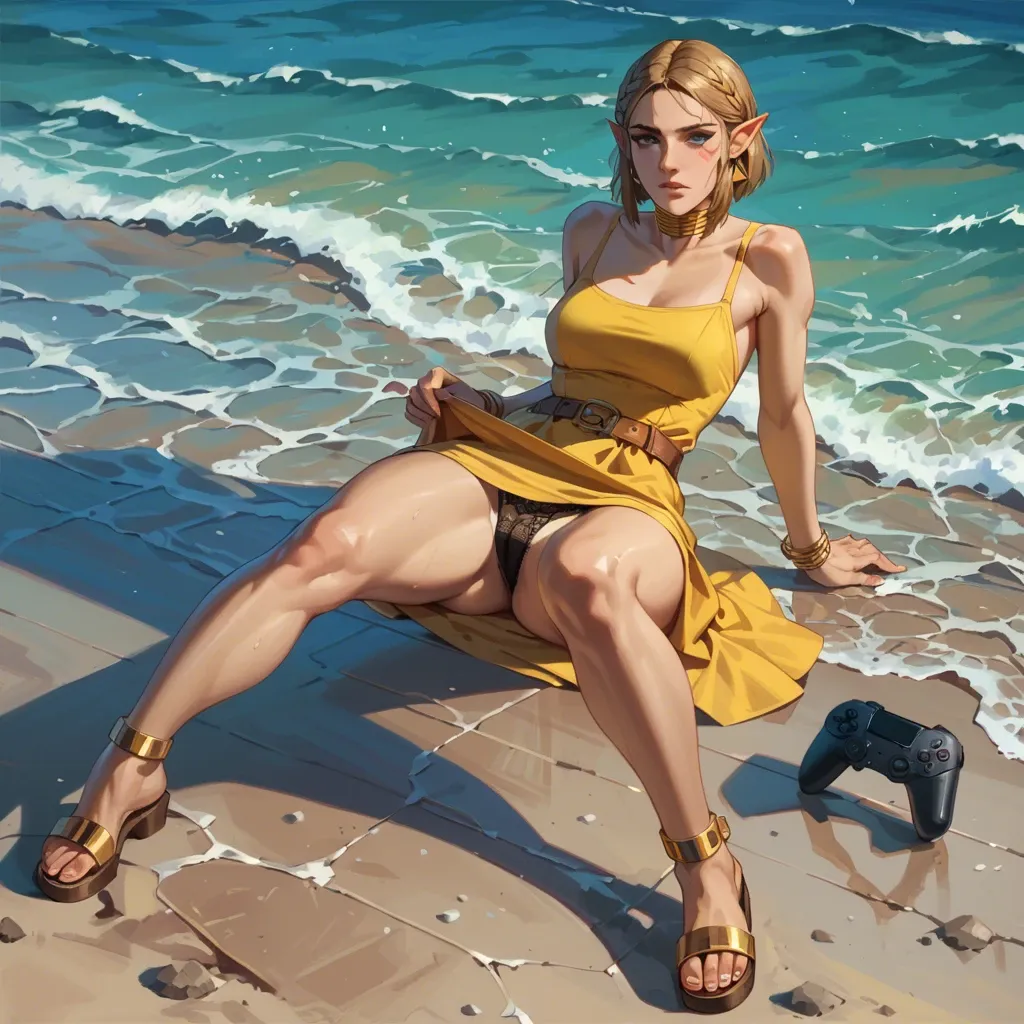 2girl, , , , raised eyebrow,knees apart,round boobs,large hips,hold neck, yellow dress,gold anklets,belts,lace panties,strappy sandals, gamer bedroom, ocean, cyberpunk, european, rich detailed, sunlight, zelda