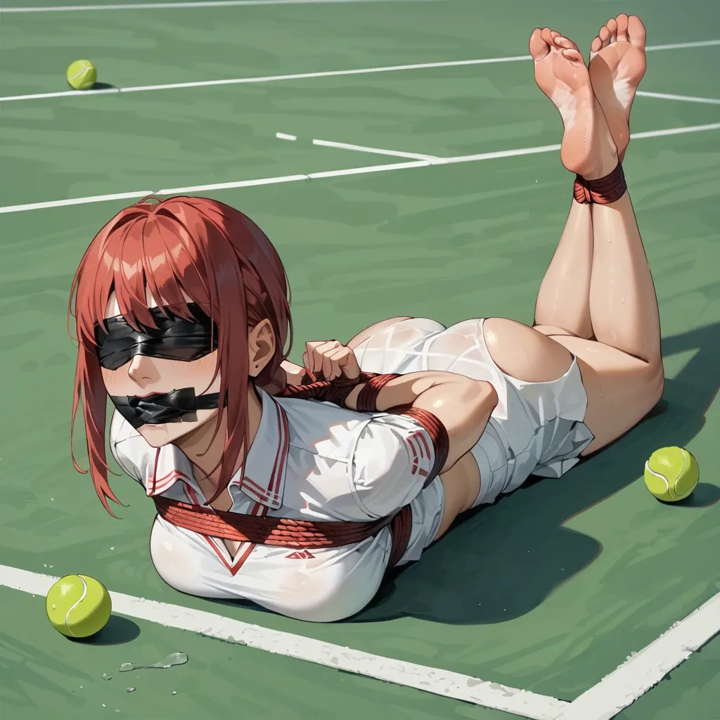 Makima, blindfolded, bare soles, tennis ball in mouth, tennis outfit, full body tape bondage, tight bondage, lying on stomach, face focus, face view, hands behind the back, wrists taped to ankles