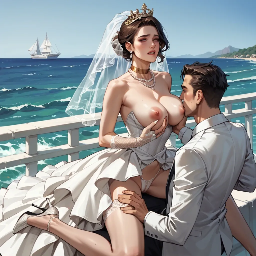 1girl,1boy, , , , biting your lip,arms on breasts,huge boobs,background sea,pearl necklace, office dress,fishnet gloves,crown,low rise thong,stiletto heels, wedding dress,laces,gold choker,lace lingerie,stiletto heels, max caulfield, medieval theme, smartwatch, facing camera, elsa, miku