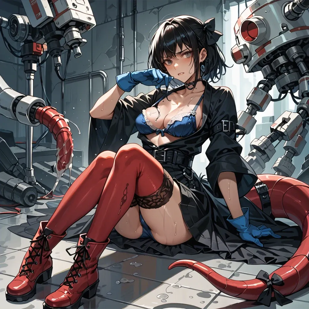 2girl, , , , machine,elbows,medium boobs,wet breasts,knee-high, upskirt,red thighhighs,blue gloves,loose bra,boots, robe,black stockings,tail tied,leotard aside,gothic boots, palace bedroom, subway, spaceship, dog collar, robot, detailed lips, brightly lit, mario, rapunzel