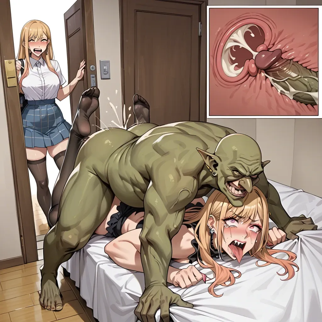 Kitagawa marin (sono bisque doll wa koi wo suru),huge lips,huge hips,stockings,feet,deep thrusting,x-ray cum in uterus,comic,goblin,crazy disgusted expression,crazy crying ,doorway,harassment for mating