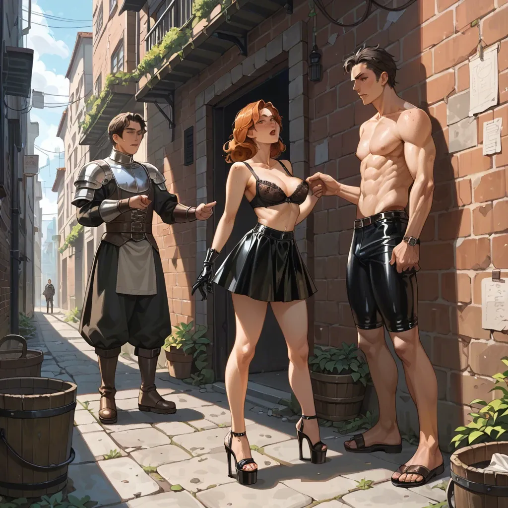 2girl, , , , freckled,arm,nipple tweak,arched back,bare shoulder, underskirt,lace,latex gloves,undersized bra,platform heels, bedroom, alley, medieval theme, anime, dimples, 2 boys, anna hair