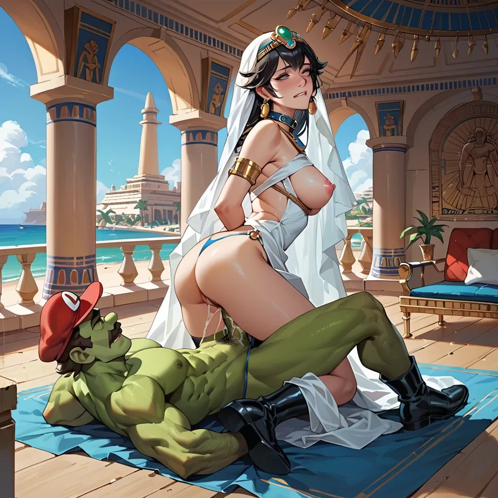 2girl, , , , lip biting,arm,pink nipples,bondage ship,green skin male, white dress,egyptian palace,blue collar,low rise thong,black boots, inside bedroom, beach, spaceship, anime, low light, mario and luigi, disney princess, hinata hyuuga