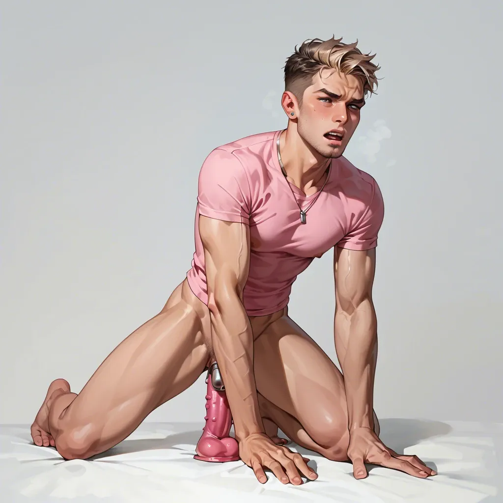 boy in pink clothes with chastity cage on his Dick riding a dildo