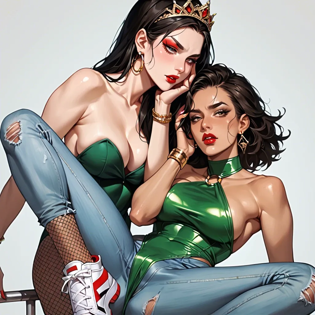 2girl, , , , red lip gloss,hand on face,round boobs,boob focus,bare shoulders, tight jeans,fishnets,golden tiara,no bra,sneakers, dark green gown,pantyhose pull,gold bracelets,leotard aside,high heels, gymnast, medieval theme, dildo riding, mario and luigi, spider-gwen, ayanami rei