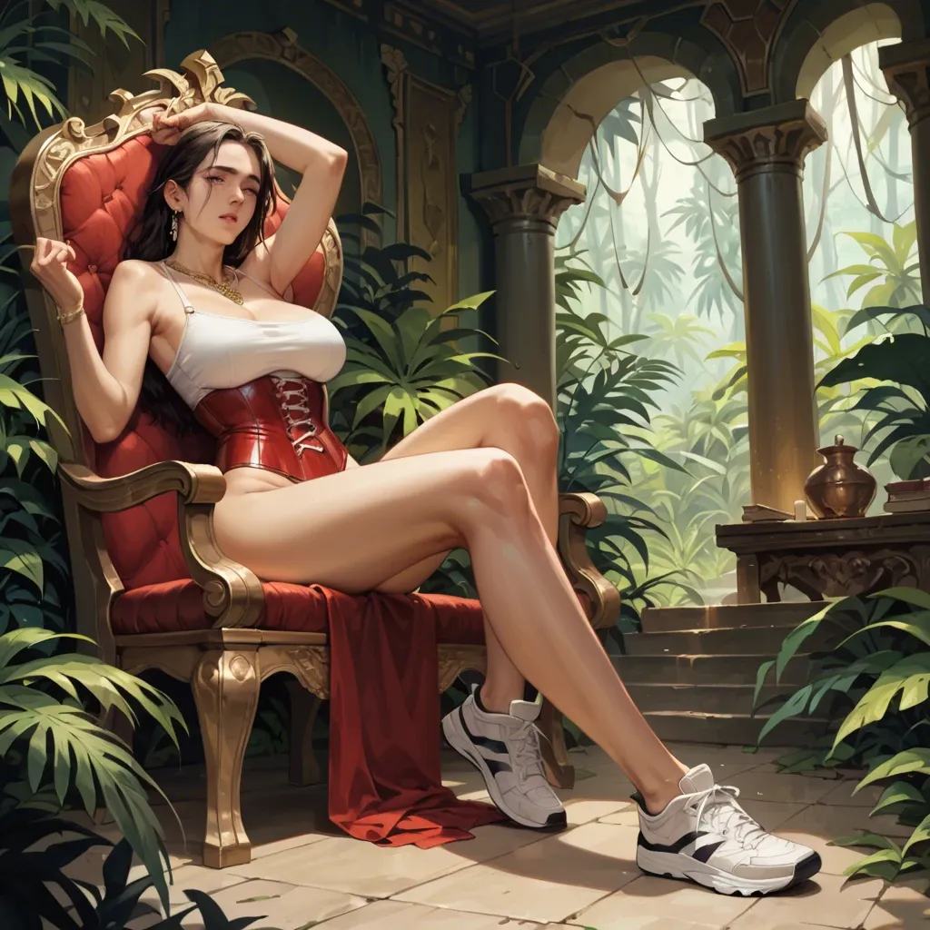 1girl,1boy, , , , cheek,arm raised,round breasts,breasts too big,gold necklace, white crop top,lace tights,jewelry,red corset,white sneakers, bedroom, girl in jungle, throne room, realistic style, bright lighting, mario, ariel waifu