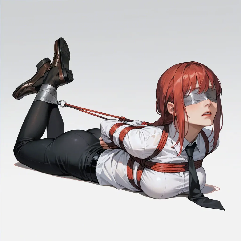 Makima, blindfolded, mouth taped, white shirt, black trousers, black necktie, loafer, no socks, full body tape bondage, tight bondage, lying on stomach, face focus, face view, hands behind the back, wrists tied to ankles