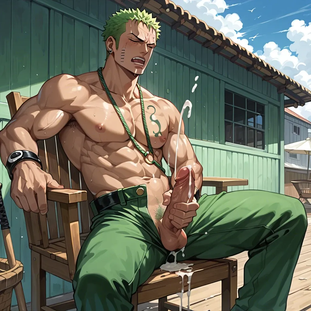 Roronoa Zoro (One Piece), With Sensual Pose, Black Costume Sit in thé chair, his huge cook outside the pants, masturbation, solo, cum fountain