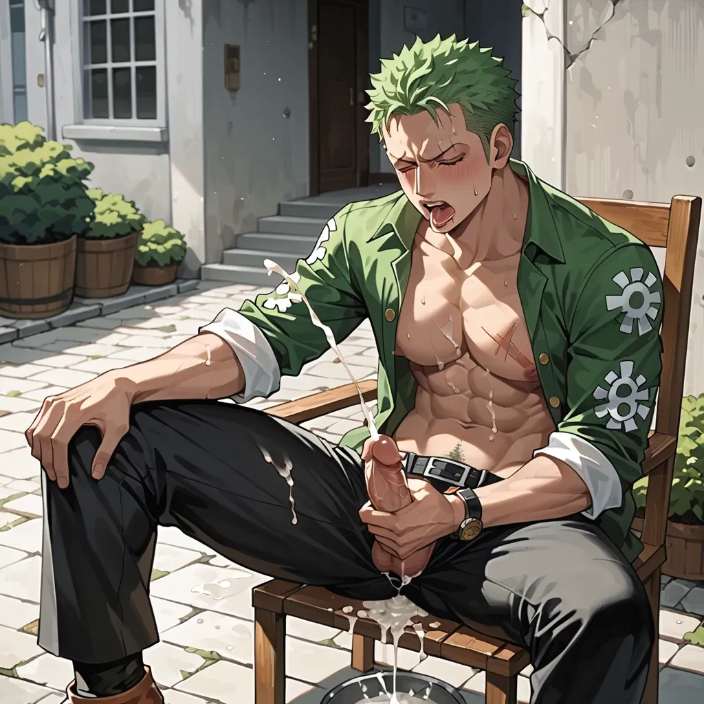 Roronoa Zoro (One Piece), With Sensual Pose, Black Pants Sit in the chair, his huge cook outside the pants, masturbation, solo, cum fountain, Orgasm Face, Ahegao