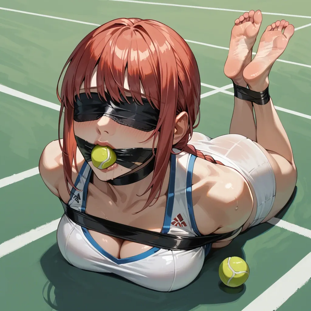 Makima, blindfolded, bare soles, tennis ball in mouth, tennis outfit, full body tape bondage, tight bondage, lying on stomach, face focus, face view, hands behind the back, wrists taped to ankles