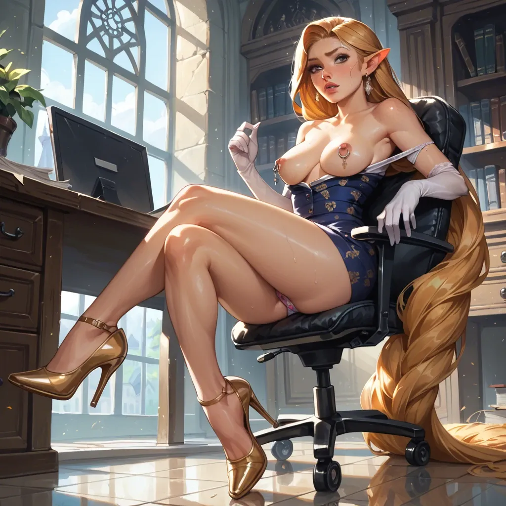 1girl,solo, , , , light freckles,stiletto heels,perky boobs,cozy background,elbow gloves, office dress,elf palace,nipple rings,print panties,sneakers, office lady, medieval theme, super mario, rapunzel, dynamic angle