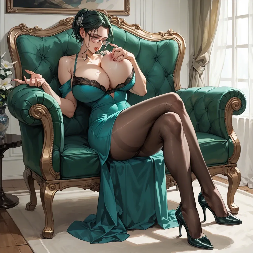 1girl,solo, , , , reaching,armchair,huge breast,breast sucking,bare shoulders, blue dress,black pantyhose,garrison cap,undersized bra,stiletto heels, dark green gown,lace tights,glasses,green bodysuit,gothic boots, gamer bedroom, lake, castle, linked collars, smartwatch, detailed scales, dark shadows, tifa lockhart, elsa, waifu