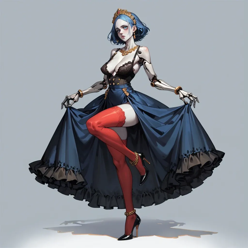 1girl,solo, , , , mechanical eye,blue doll arms,saggy breasts,cleavage,white skin, long dress,red thighhighs,shaped jewelry,black lace bra,stiletto heels, upskirt,gold anklets,suspenders,frilled bra,heels, strip club, brazil jungle, cyberpunk, smartwatch, detailed face, bright eyes, 2 boys, wonder woman