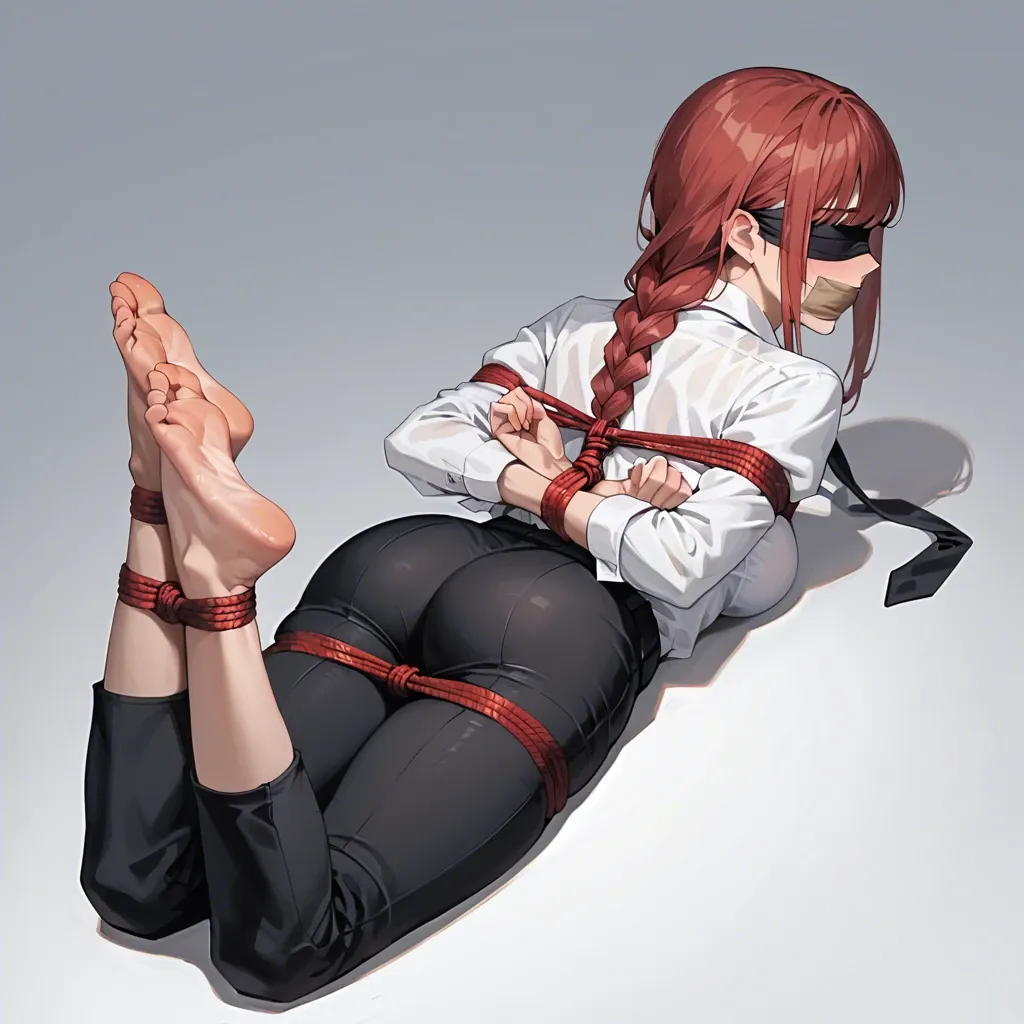 Makima, bare soles, blindfolded, hair tied, white shirt, black trousers, black necktie, full body rope bondage, tight bondage, lying on stomach, face focus, hands behind the back, wrists tied to ankles, tape gagged, face view