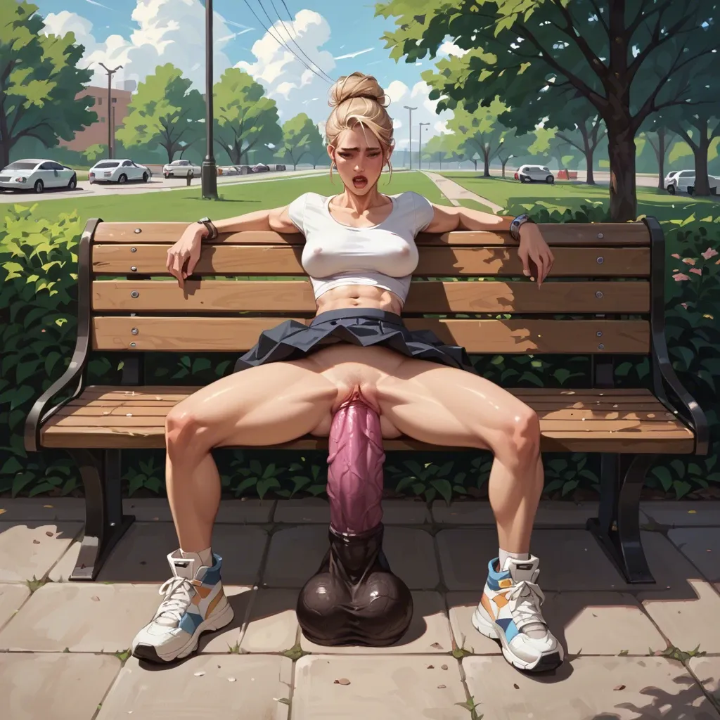 1girl, blonde, bun, wearing skirt, sitting on park bench, huge dildo, vaginal, stomach buldge, balls deep, embarressed face, trying to hide dildo