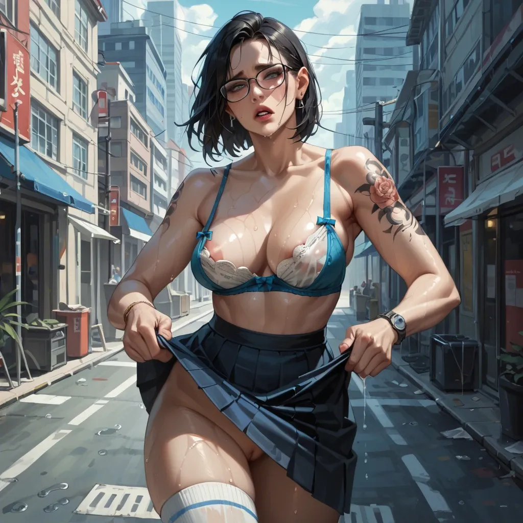 1girl,solo, , , , cheeks,armpit fetish,blue nipples,absurd,flesh mutant, depraved eyes,good hands,nipple slip,city background,shoulder tattoo, lifting skirt,white socks,glasses,pull wet bra,white boots, black miniskirt,fishnet,black collar,wet bra,armored boots, tight skirt,striped bikini,silver tiara,white panties,sandals, in jungle, medieval dress, phone, anime, backlit, wonder woman, rapunzel waifu