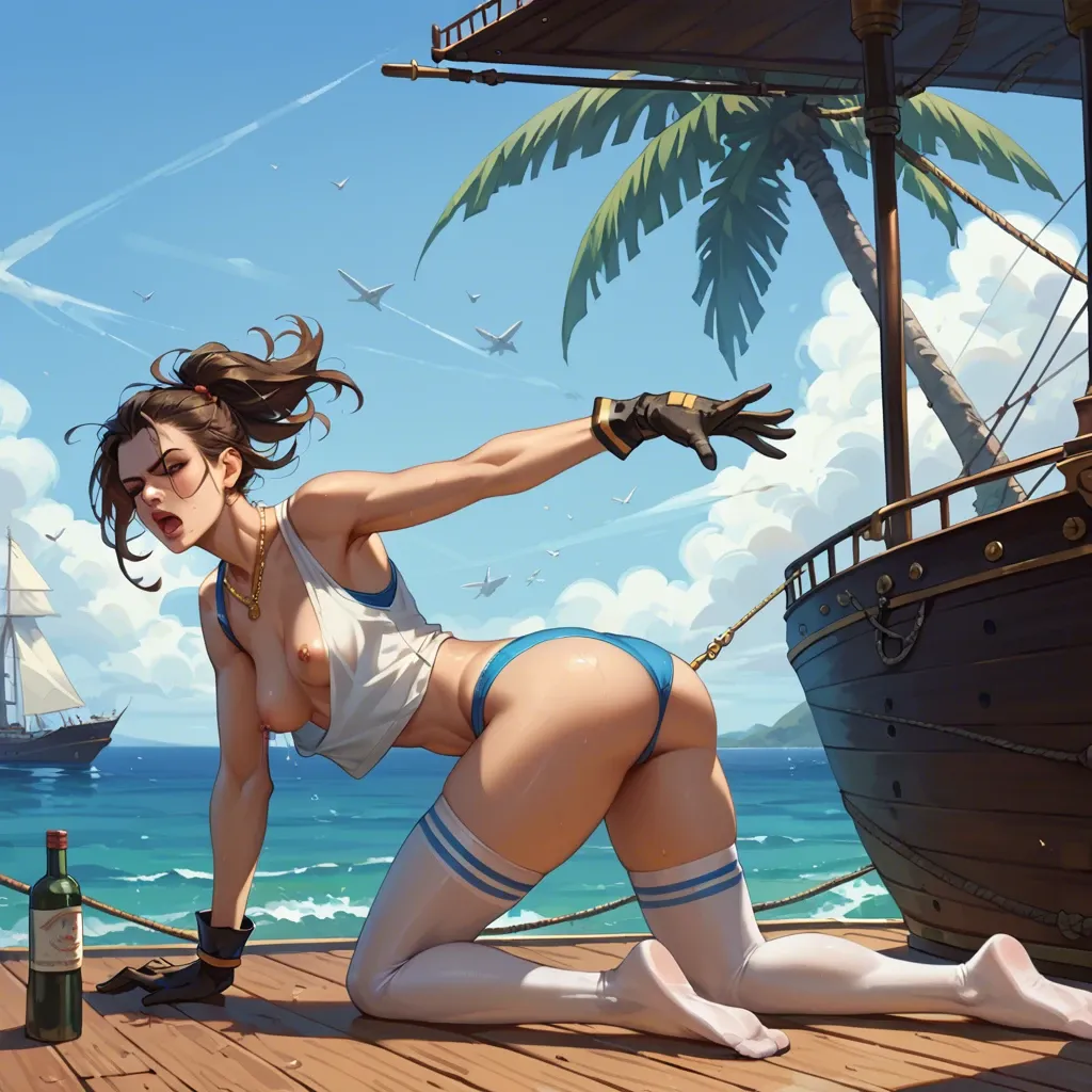 1girl,solo, , , , stretching ass,palm tree,perky breast,waists,gold necklace, clenching,thin ankle,nipple exposed,pirate ship,kneeling slut, tank top,sexy stockings,racing gloves,hand on panties,white boots, bedroom eyes, train, spaceship, spiked collar, very detailed, rainy night, mario, waifu