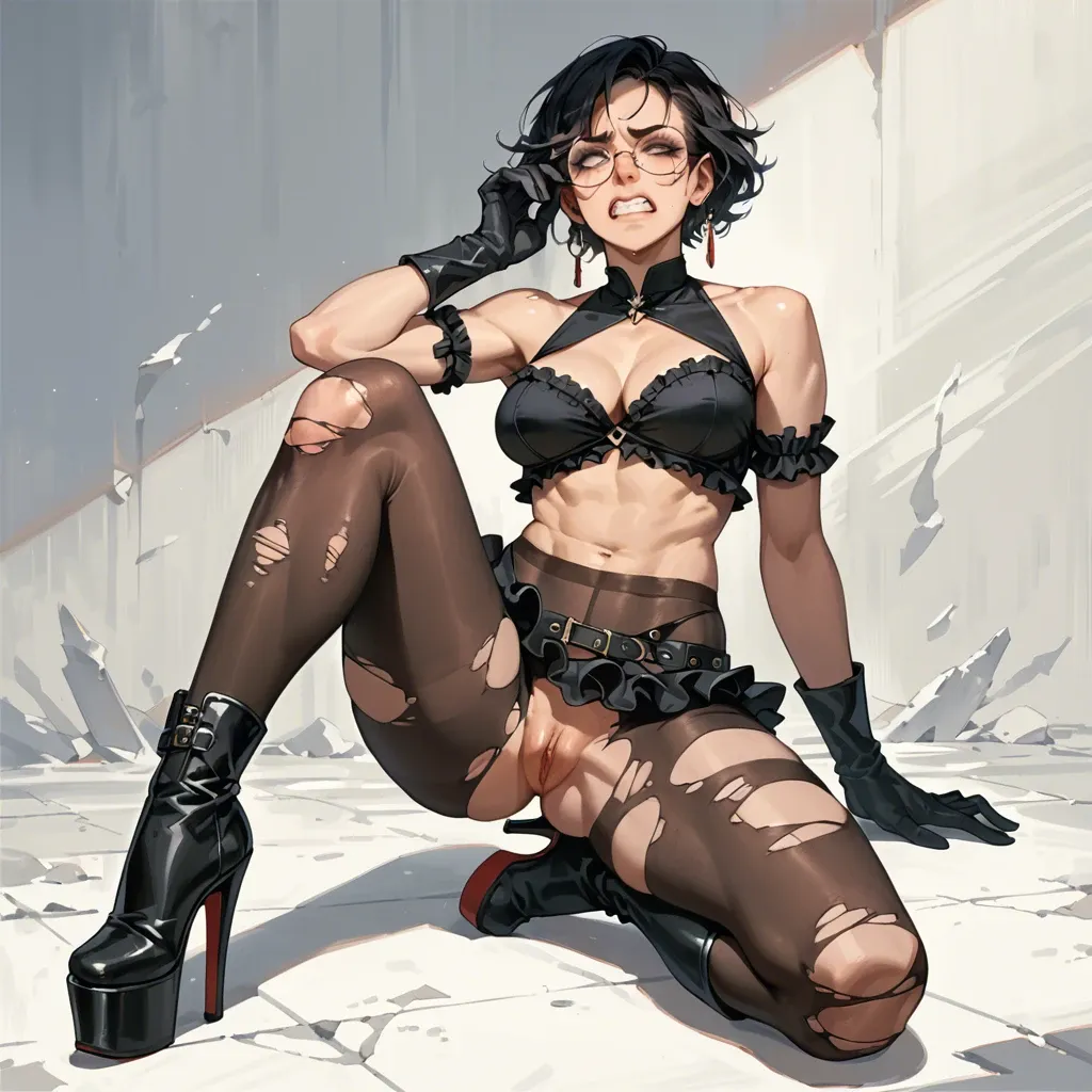 1girl,solo, , , , clenched teeth,armlets,perky breast,hips,knee up, costume,torn pantyhose,black gloves,frilled bikini,boots, crop top,leggings,round glasses,lace bra,platform heels, hotpants,black lace bra,gold crown,panties on,black sneakers, bare navel, city, castle, laying on a bed, bedroom, detailed cock, dark alleyway, ariel, ariel waifu