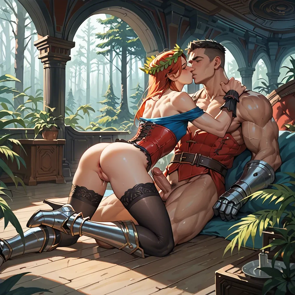 1girl,1boy, , , , nose,large biceps,perky big tits,flat chest,kissing neck, blue shirt,black stockings,laurel crown,red corset,armored boots, living room, pine forest, spaceship, source anime, chiaroscuro, tifa lockhart, anna and elsa, waifu