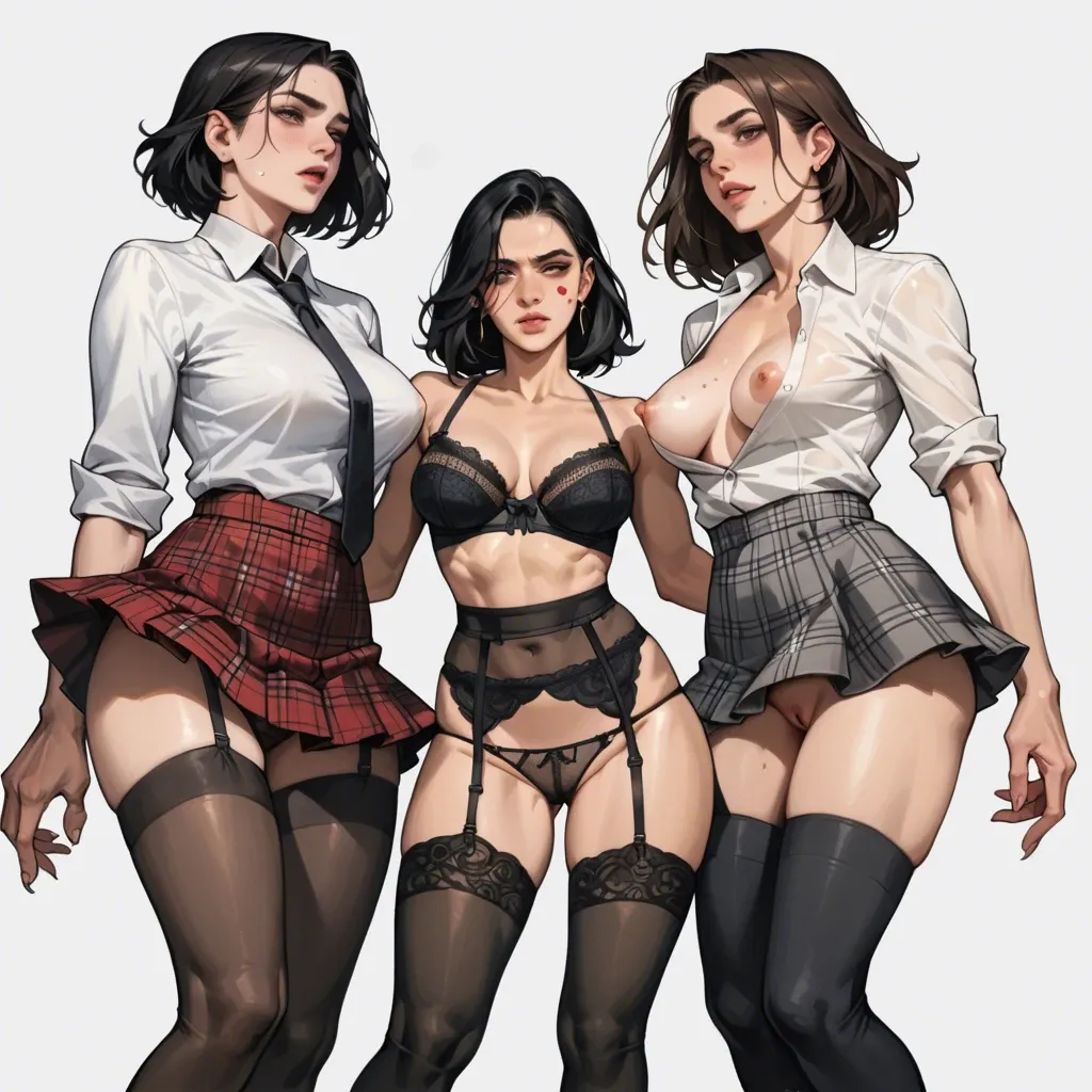 1girl 2 guys,threesome, , , , rosy cheeks,perky breast,medium hips,ankle, jawline,negative hand,round tits, plaid skirt,black leggings,panties down,lingerie, half dressed,stockings,lingerie, formal shirt,lace bra,saliva