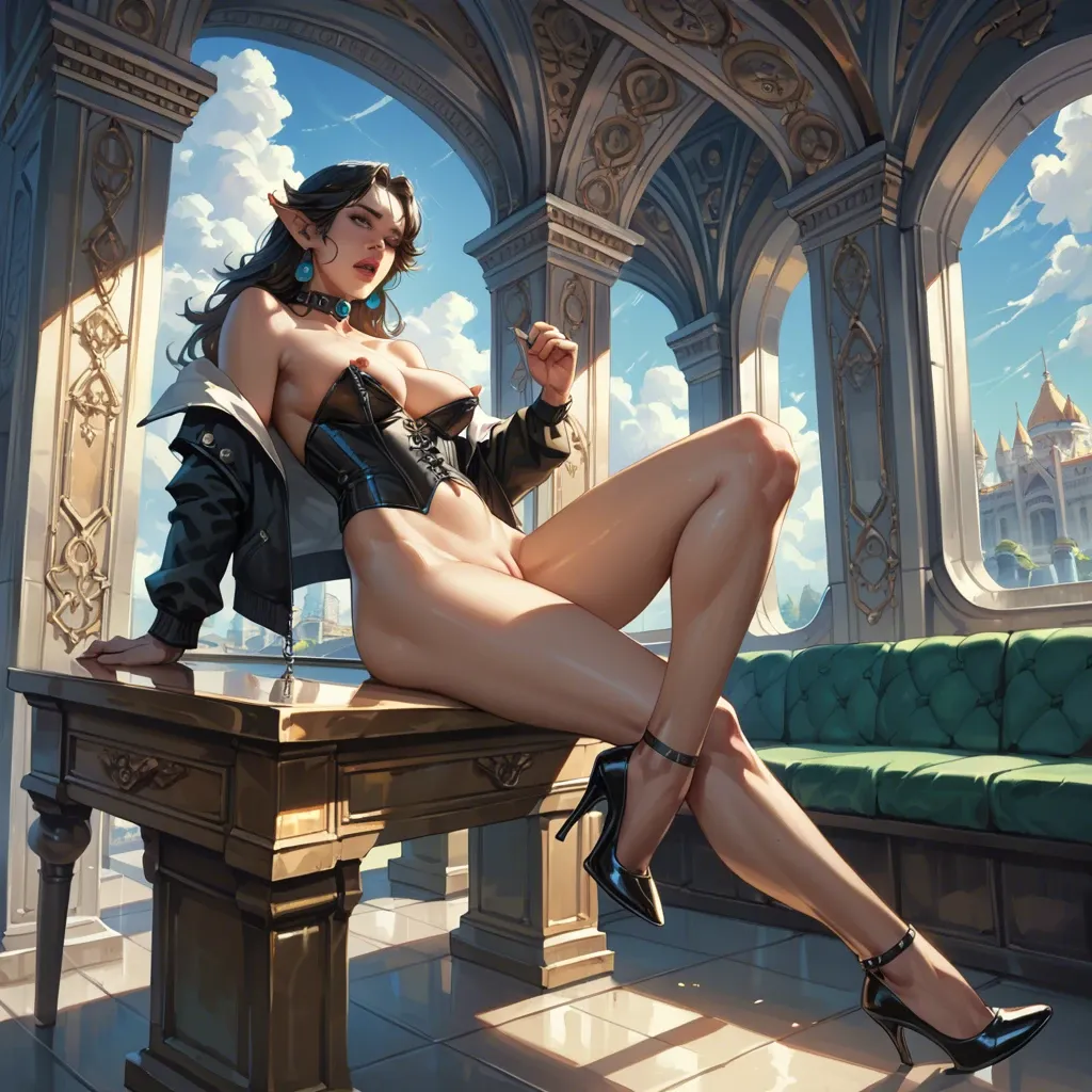 1girl,solo, , , , slip,sunshine,big perky boobs,abdominal,off-shoulder, black jacket,elf palace,collar,corset piercing,heels, train, spaceship, on desk, detailed, bright, mario and luigi, jasmine, asuka langley