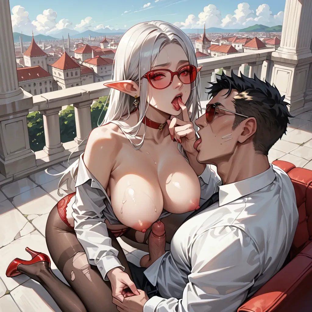 2girl, , , , cock on cheek,sucking finger,large breast,city background,free shoulders, collared shirt,elf palace,red sunglasses,lace panties,high heels, grey shirt,torn pantyhose,red choker,white leotard,no shoes, blue jacket,laced bodysuit,golden tiara,undersized bra,armored boots, office room, dungeon, android, detailed penis, dark lighting, spider-gwen, ariel waifu