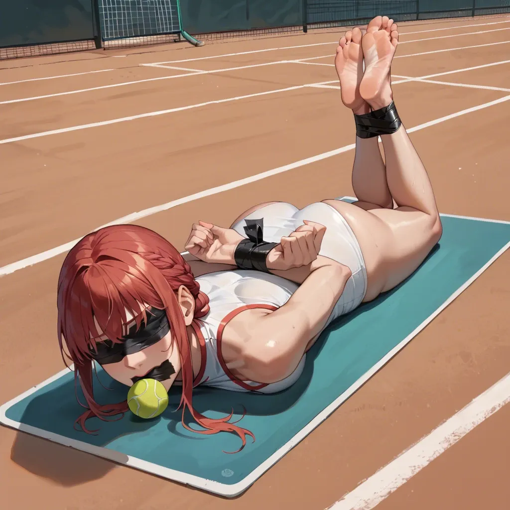 Makima, blindfolded, bare soles, tennis ball in mouth, tennis outfit, full body tape bondage, tight bondage, lying on stomach, face focus, face view, hands behind the back, wrists taped to ankles