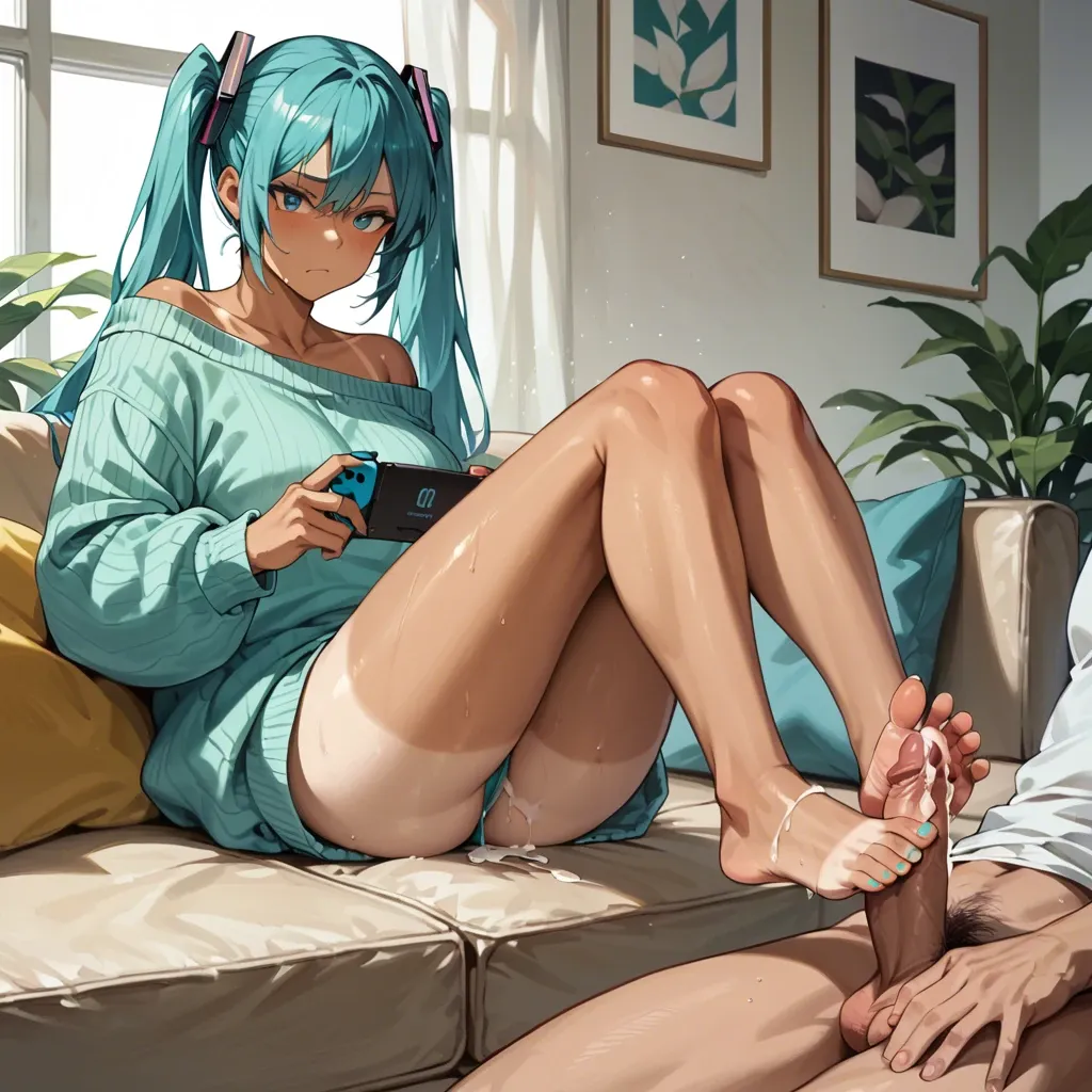 Brazilian Miku Hatsune sitting on couch in the living room and playing on handheld console. Bored. Tanlines. Only wearing a oversized sweater. Giving a footjob to an average man, not concentrating on the footjob, but looking on her handheld console. Cum on feet and running between toes. Night and dimm light.